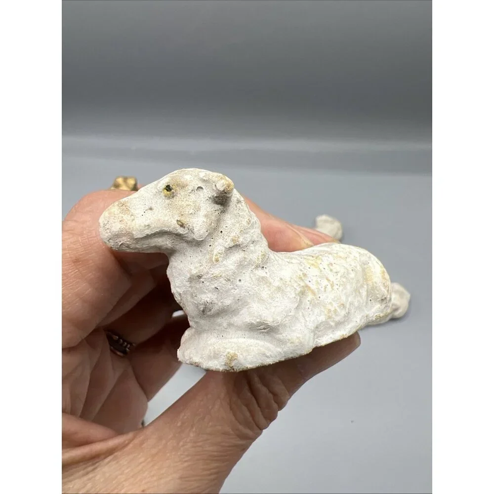 Vtg German Papier-Mâché Nativity 7 Pieces Christmas Lambs Magi Mary Old w/ Wear